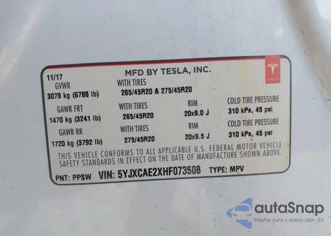 2017 Tesla Model X 100D/75D/90D from USA, damaged, VIN 5YJXCAE2XHF073508